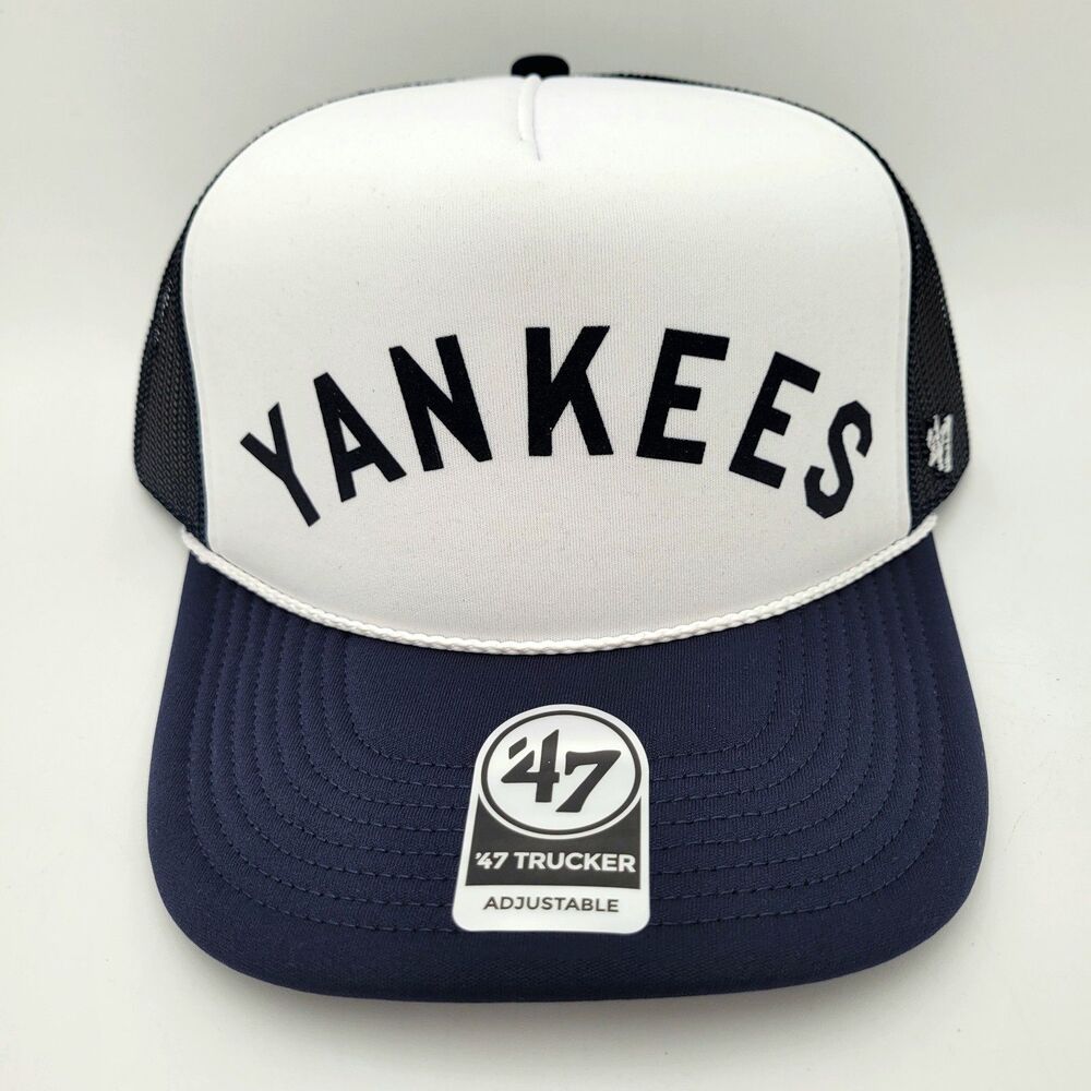 New York Yankees '47 Brand Foam Script Mesh Trucker Snapback Hat Navy/White NWT